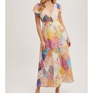 Photo of Pastel Quilt Printed Button Down Maxi Dress Med