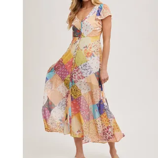 Photo of Pastel Quilt Printed Button Down Maxi Dress Med