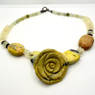 Photo of Vintage 90s Yellow Carved Stone Rose Jasper Beaded Boho Chunky Toggle Necklace