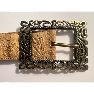 Photo of Western Floral Embossed Tan Leather Belt w/ Openwork Filigree Scroll Buckle VTG