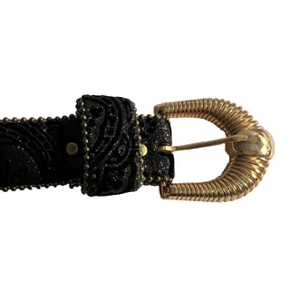 Photo of Black Crushed Velvet Belt Size M/L 30-36 VTG USA Brass Gold Buckle Beaded
