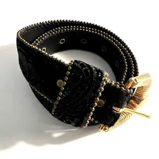 Photo of Black Crushed Velvet Belt Size M/L 30-36 VTG USA Brass Gold Buckle Beaded