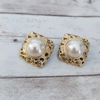 Photo of Vintage Clip On Earrings Faux Pearl with Ornate Diamond Shape Halo Statement