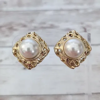 Photo of Vintage Clip On Earrings Faux Pearl with Ornate Diamond Shape Halo Statement