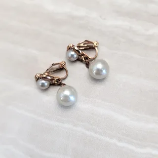 Photo of Vintage Clip On Earrings Copper Tone, Faux Pearl, Clear Gem - Condition Issues