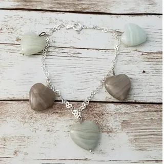 Photo of Shades of Green Glass Heart Charm Bracelet With Sterling Silver Chain
