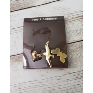 Photo of Set of 3 Gold Tone Pins Heart, Bird, Butterfly