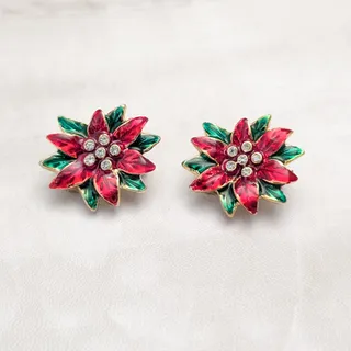 Photo of Vintage Clip On Earrings 1" Poinsettia Flower Red & Green Clear Gems Christmas