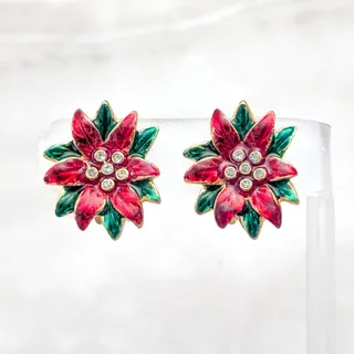 Photo of Vintage Clip On Earrings 1" Poinsettia Flower Red & Green Clear Gems Christmas