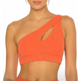 Photo of Onzie Sutra Bra Ribbed One Shoulder Sports Bra Peach Coral M/L NWT