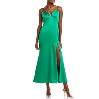 Photo of AQUA Green Cocktail Dress Satin Strappy Backless A-Line Midi Slip Size XL