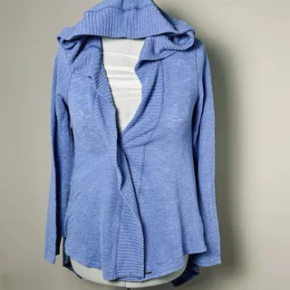 Photo of prAna Blue Open Front Cardigan Sweater Women’s L Ruffle Collar Asymmetrical