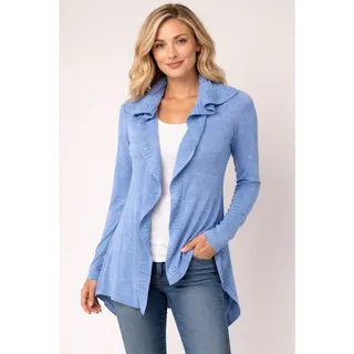 Photo of prAna Blue Open Front Cardigan Sweater Women’s L Ruffle Collar Asymmetrical