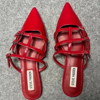 Photo of Steve Madden Shatter Red Patent Pointed Toe Buckle Ballet Mule Flats Size 6 