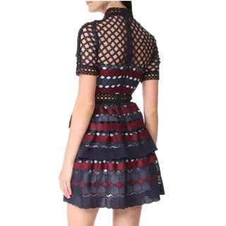 Photo of Self-Portrait Hexagonal Guipure Lace Mini Dress Navy Burgundy Short Sleeve S/M