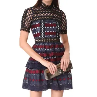 Photo of Self-Portrait Hexagonal Guipure Lace Mini Dress Navy Burgundy Short Sleeve S/M