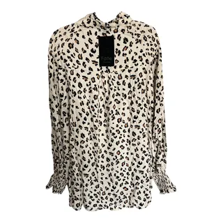 Photo of Fate Curve cream leopard print long sleeve ruffle blouse button up 2x NWT