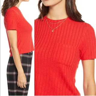 Photo of BP Claudia Sulewski crop baby pocket tee short sleeve Red ribbed knit XS NWT