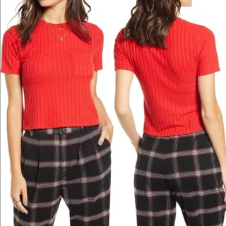 Photo of BP Claudia Sulewski crop baby pocket tee short sleeve Red ribbed knit XS NWT