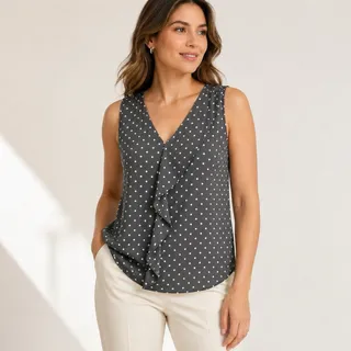 Photo of LOFT Outlet Polka Dot Ruffle Sleeveless Blouse Women’s M Gray White