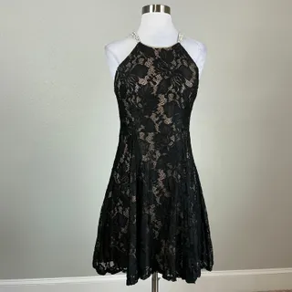 Photo of Betsy & Adam Black Cocktail Dress Lace Beaded Strap Fit and Flare Mini Size 6