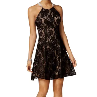 Photo of Betsy & Adam Black Cocktail Dress Lace Beaded Strap Fit and Flare Mini Size 6