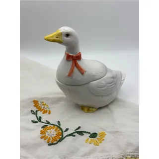 Photo of Vintage Otagiri Japan Ceramic White Goose Sugar Bowl with Orange Bow Collar