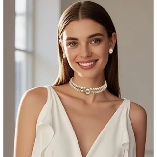 Photo of Faux Costume Layered Twisted Gold Pearl Rhinestone Necklace Choker & Earring Set