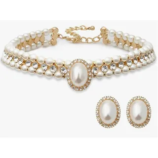 Photo of Faux Costume Layered Twisted Gold Pearl Rhinestone Necklace Choker & Earring Set