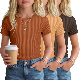 Photo of LessonZoo Girls Sz 5/6 Ribbed T Shirt 4 Pack Short Sleeve Earth Tone