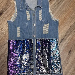 Photo of Women's Y2K Distressed Denim Sequin Vest Jacket Festival Rave Glam Large