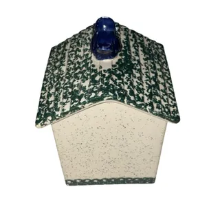 Photo of Vintage BIRDHOUSE COOKIE JAR 6.5" Small GREEN Ceramic Stoneware Blue Bird Gibson