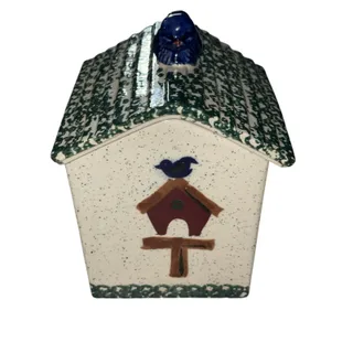 Photo of Vintage BIRDHOUSE COOKIE JAR 6.5" Small GREEN Ceramic Stoneware Blue Bird Gibson