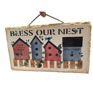 Photo of BLESS OUR NEST Hanging Slate Plaque Birdhouse Welcome Sign 12x8” Horizontal