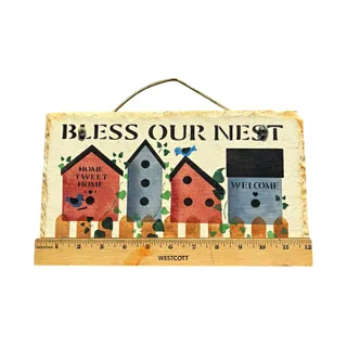 Photo of BLESS OUR NEST Hanging Slate Plaque Birdhouse Welcome Sign 12x8” Horizontal