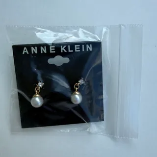 Photo of Anne Klein Gold Tone Faux Pearl Crystal Drop Earrings NWT