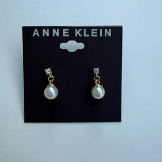 Photo of Anne Klein Gold Tone Faux Pearl Crystal Drop Earrings NWT