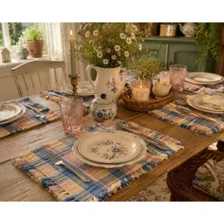 Photo of Vintage Cottagecore Plaid Woven Placemats Set of 8 Blue Pink Fringe Farmhouse