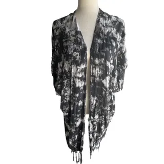 Photo of Tiare Hawaii Black White Tie Dye Open Front Kimono Cardigan 3/4 Sleeve One Size