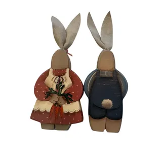Photo of Denise H. Bunn 1988 Signed Hand Painted Wood Bunny/Rabbit Figurines Pair, 2 Pack