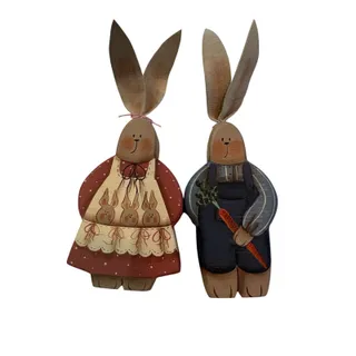 Photo of Denise H. Bunn 1988 Signed Hand Painted Wood Bunny/Rabbit Figurines Pair, 2 Pack