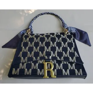 Photo of Womens Handbag Satchel Monogram Pattern R Hardware Navy Gold Scarf Detachable