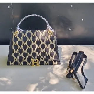 Photo of Womens Handbag Satchel Monogram Pattern R Hardware Navy Gold Scarf Detachable