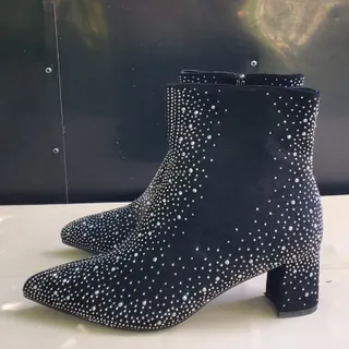 Photo of Womens Ankle Boots Size 11 Black Rhinestone Pointed Toe Block Heel Sparkle