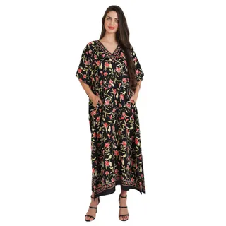 Photo of Miss Lavish London Womens Kaftan Maxi Dress L Black Floral V Neck Flowy Resort