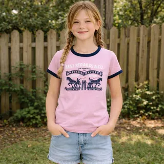 Photo of Levi’s Youth Ringer T-Shirt Size Medium 10-12 Pink Navy Graphic Tee 100% Cotton