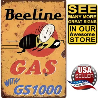 Photo of Tin Petroliana Sign • Beeline Gasoline With GS 1000 • Orange Yellow Black Red