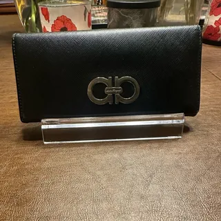 Photo of Salvatore Ferragamo Gancini Black Calfskin Continental Flap Long Wallet Women's