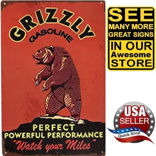 Photo of Metal Tin Petroliana Sign • Grizzly Gasoline • "Perfect Powerful Performance"
