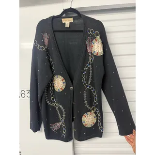 Photo of VTG Embellished beaded clock motif Black Cardigan Sweater Y2K 90s festive L